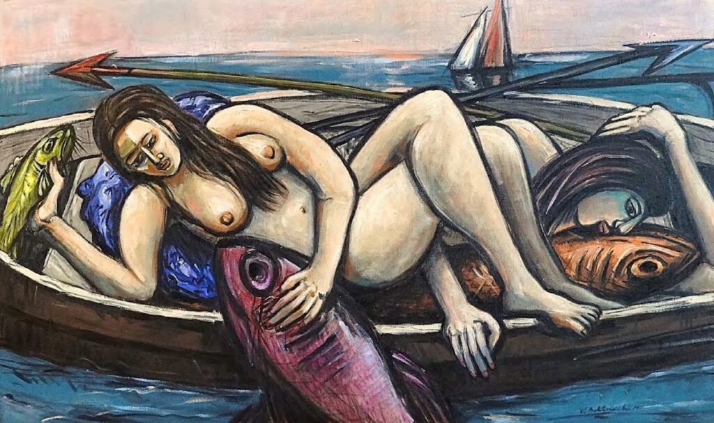 Wolfgang Beltracchi painting of a nude woman on a boat with fish